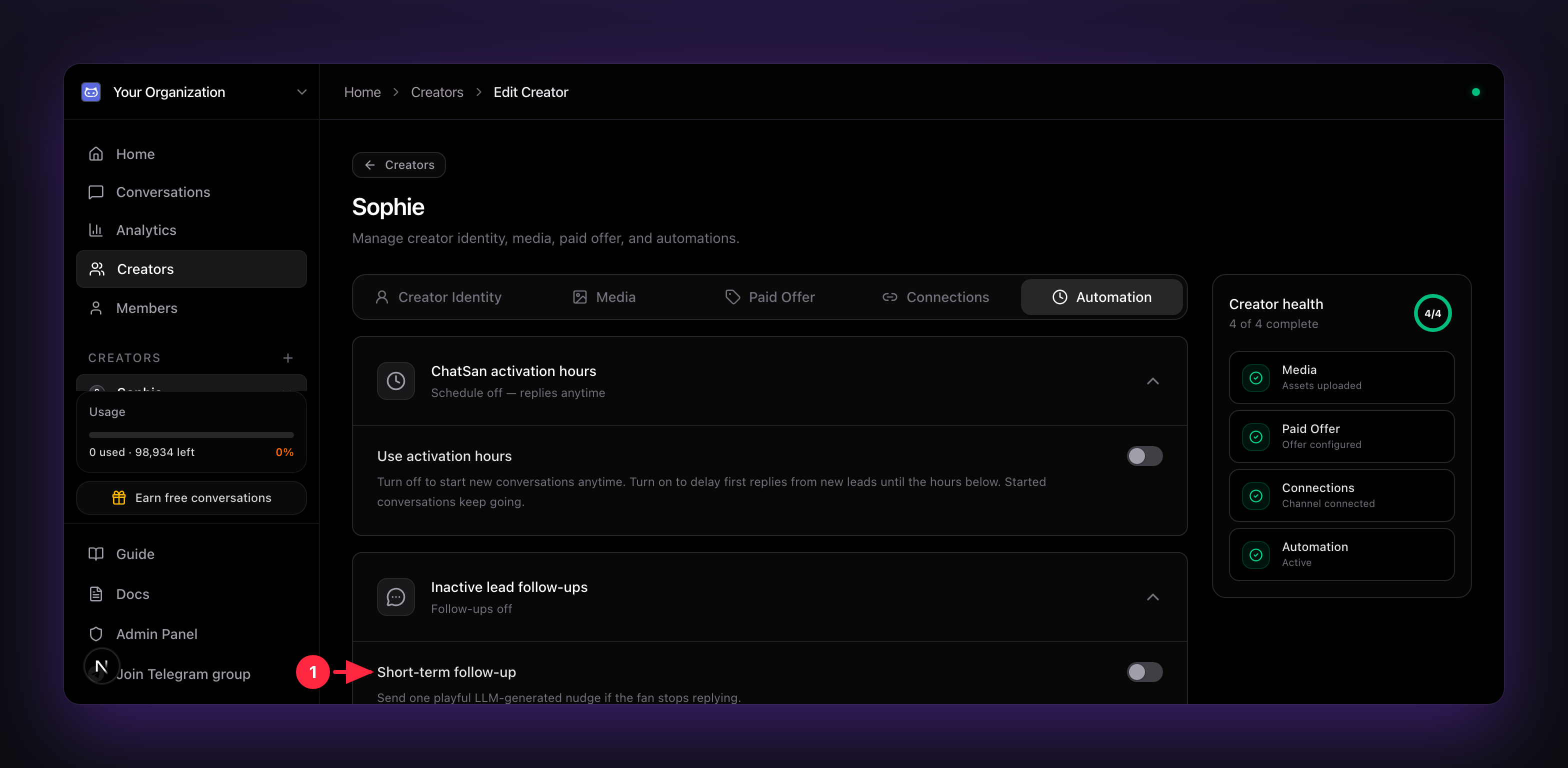 Inactive lead follow-ups on the Automation tab
