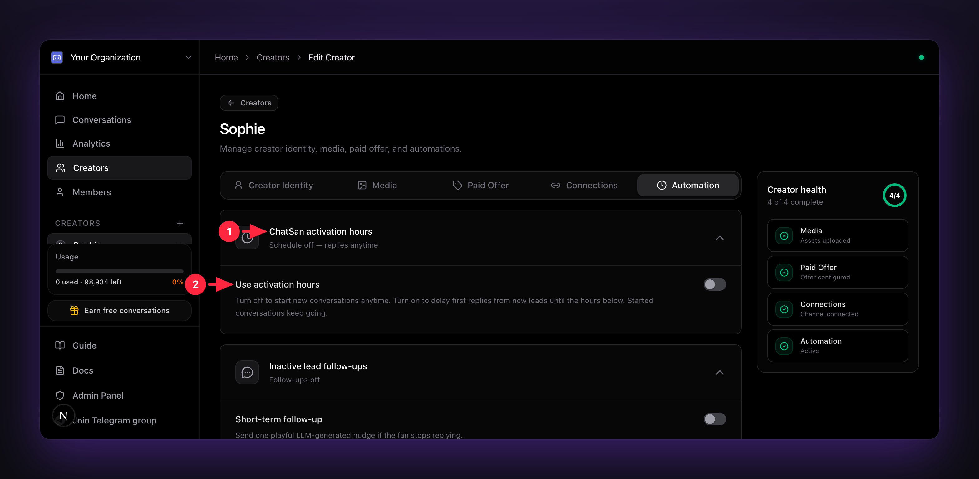 ChatSan activation hours on the Automation tab