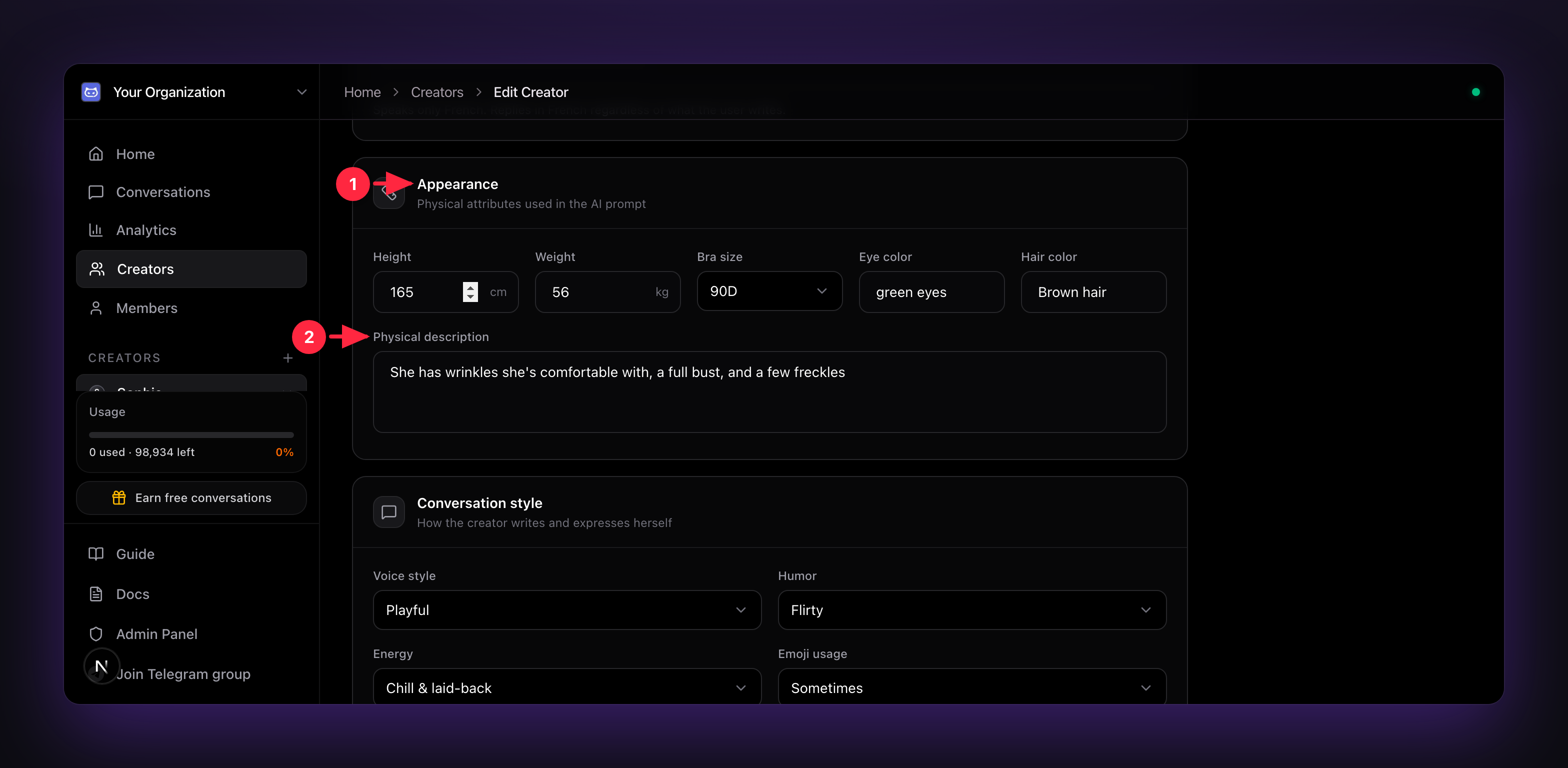 The Appearance section on the Creator Identity tab