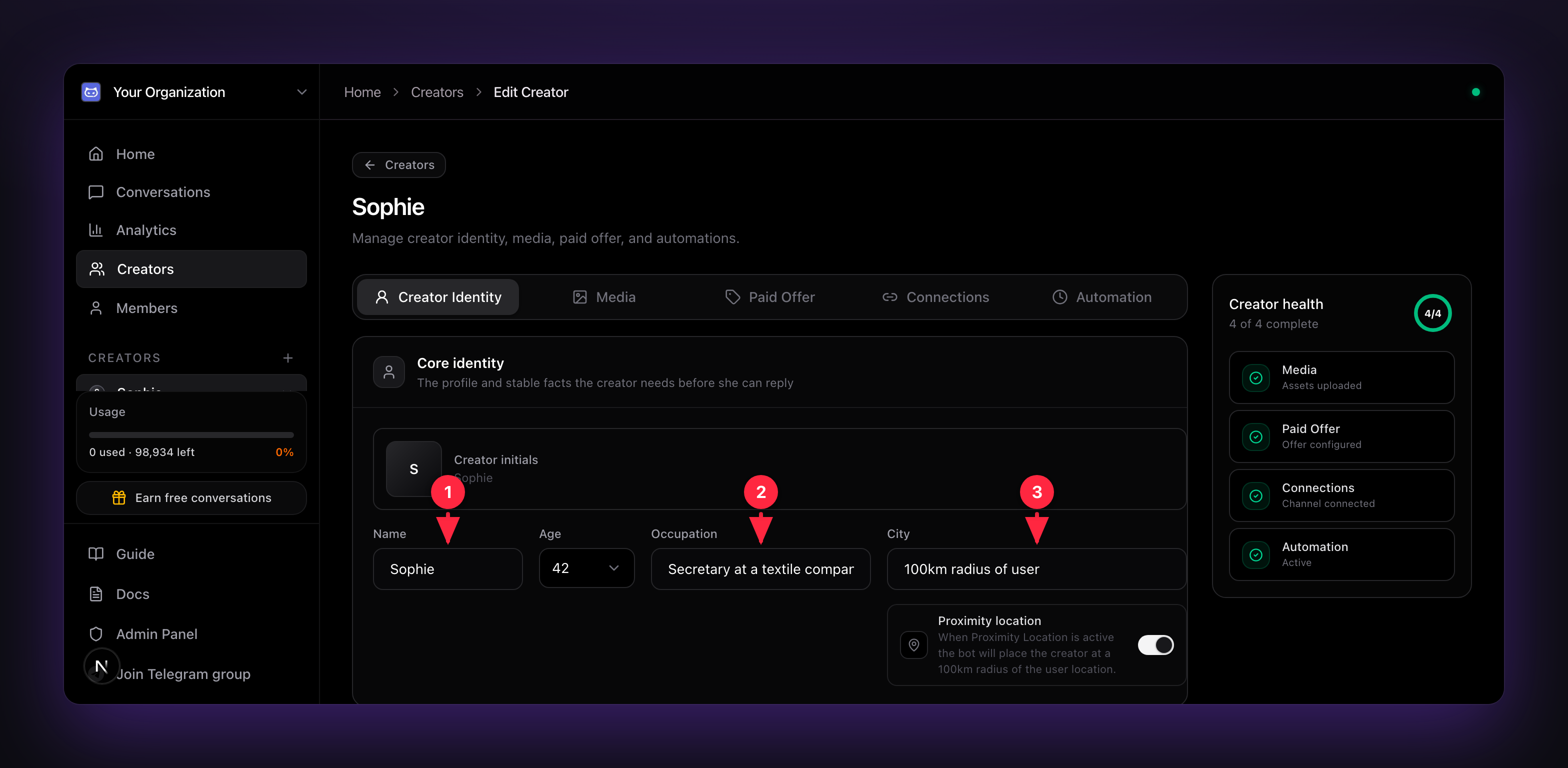 Core identity fields on the Creator Identity tab