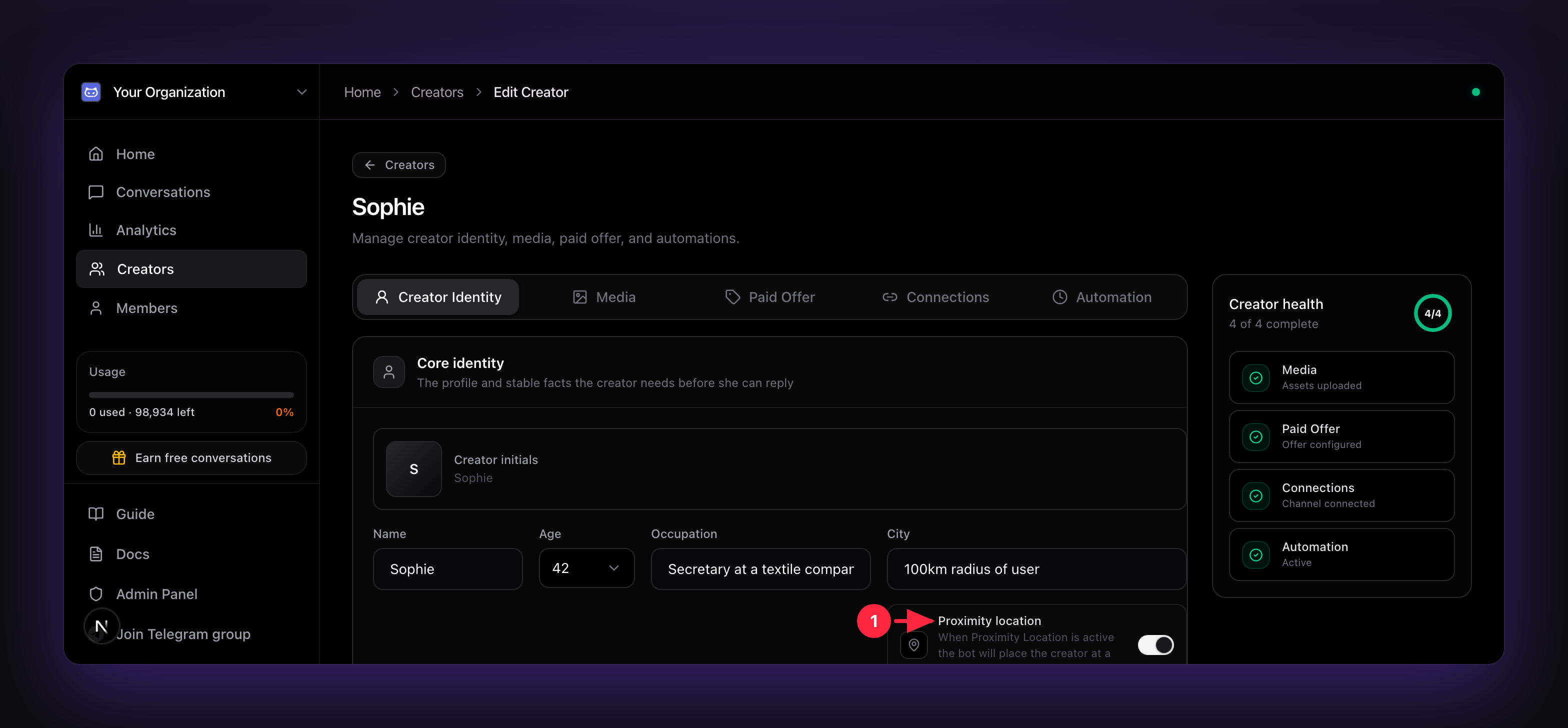 The Proximity location toggle on the Creator Identity tab