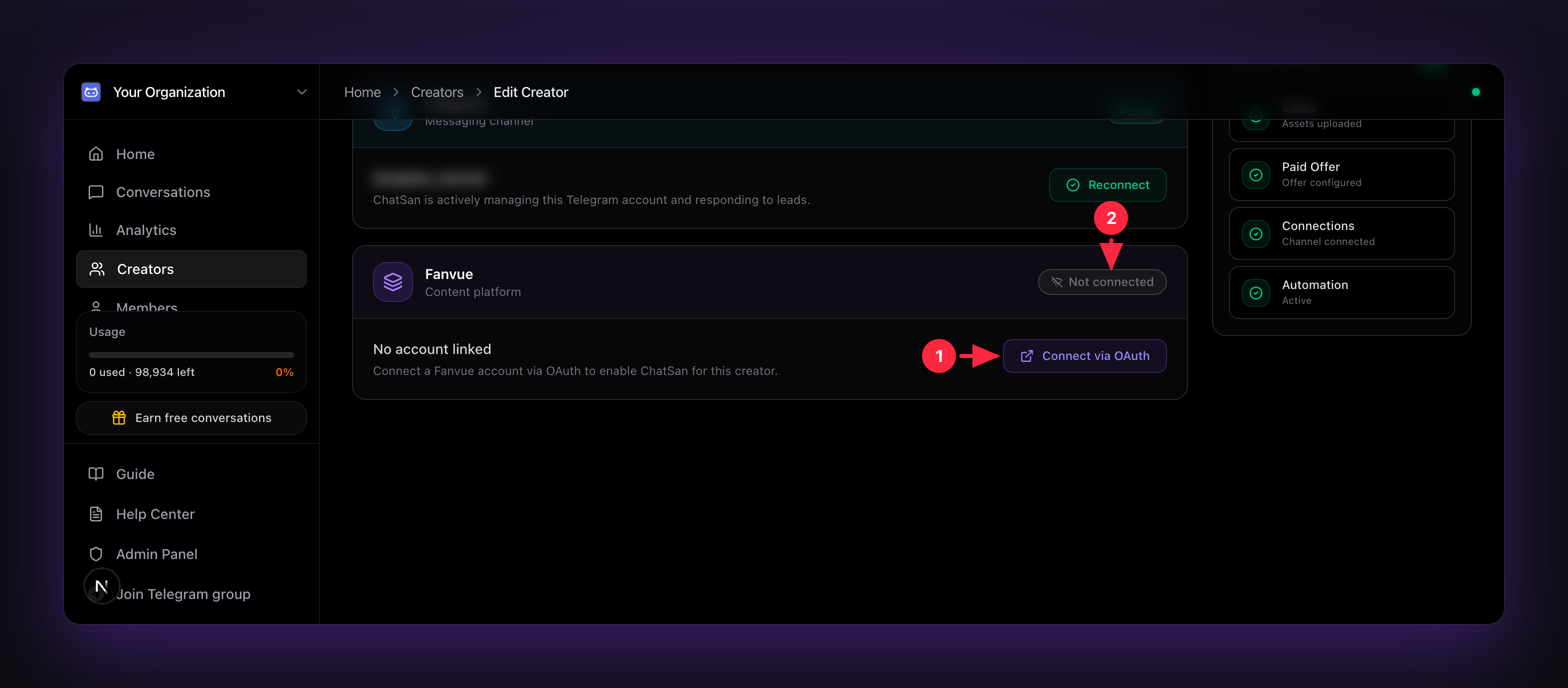 The Fanvue connection card on the creator's Connections tab