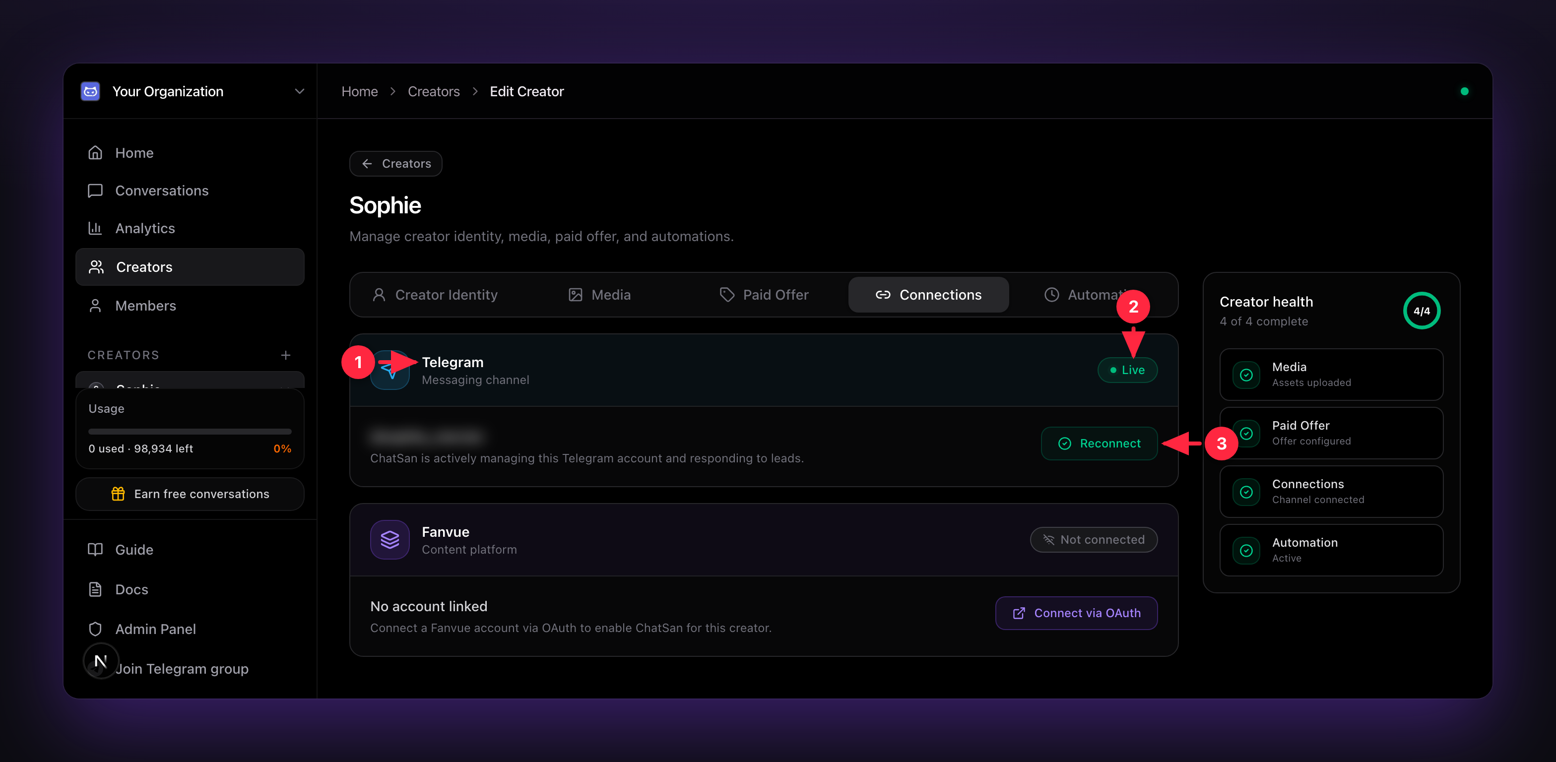 The Connections tab, Telegram channel status