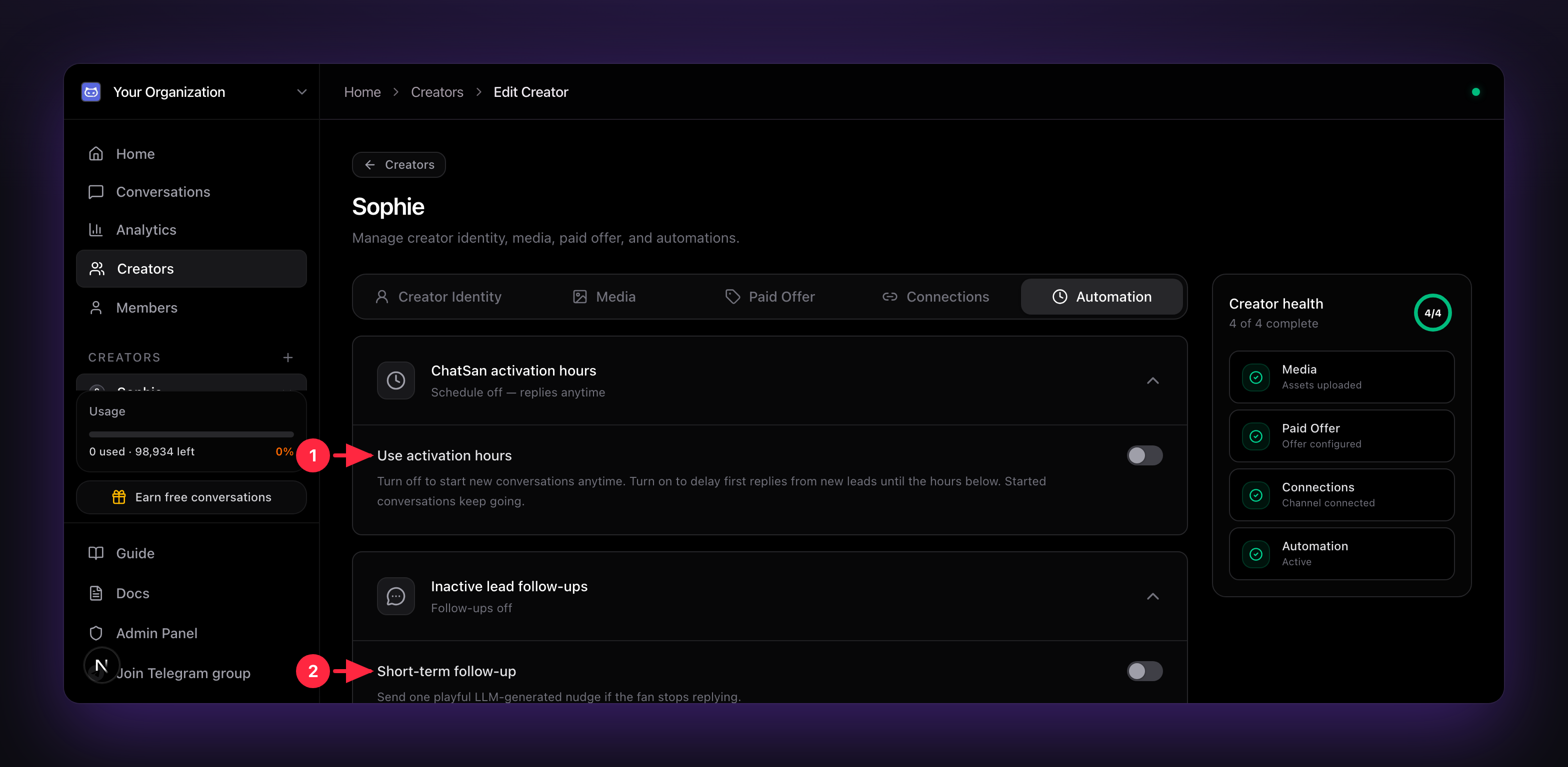 The Automation tab, ChatSan activation hours and Inactive lead follow-ups