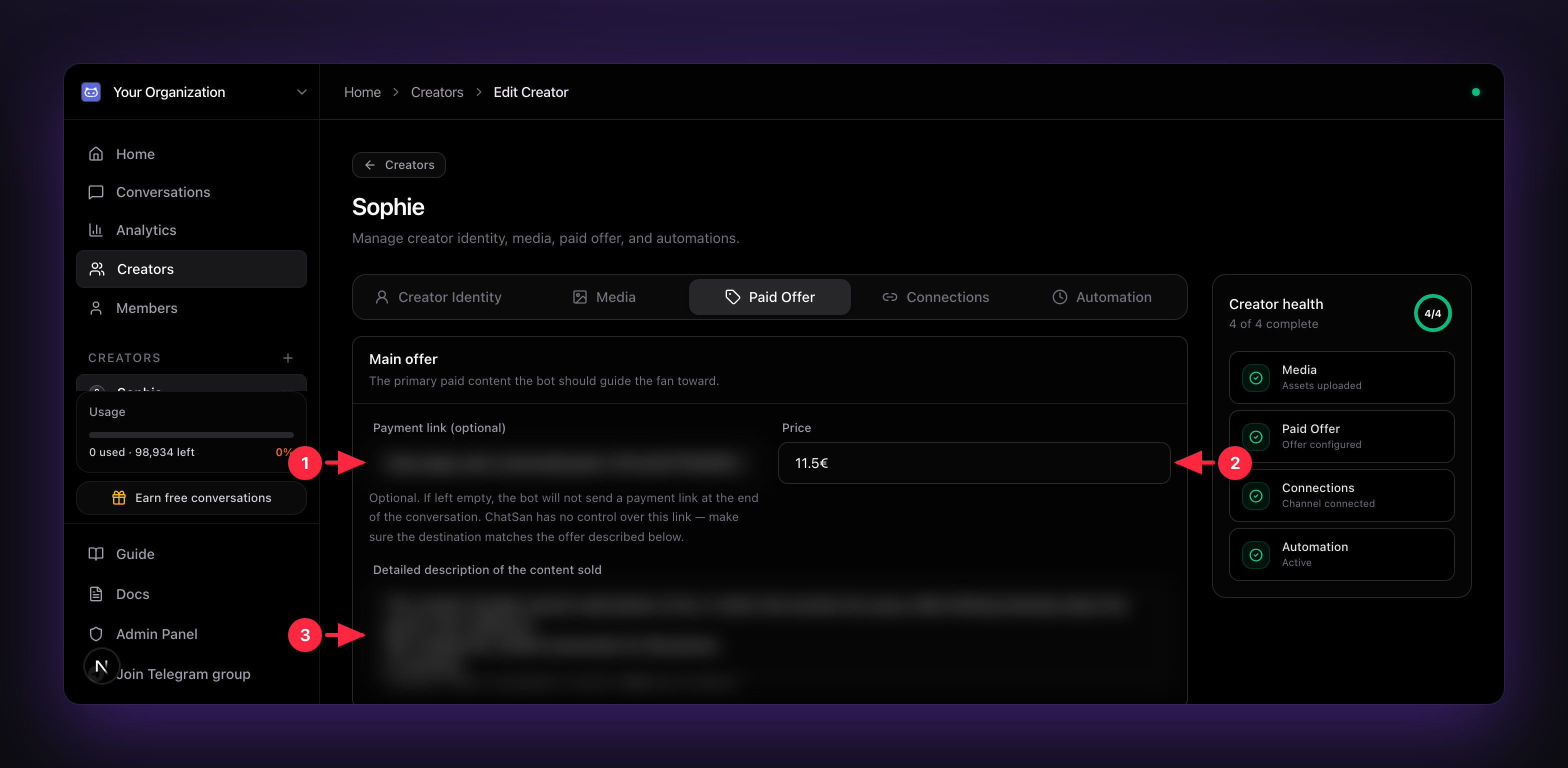 The Paid Offer tab, Payment link, Price, description, and Cheaper offer toggle (sensitive fields blurred)