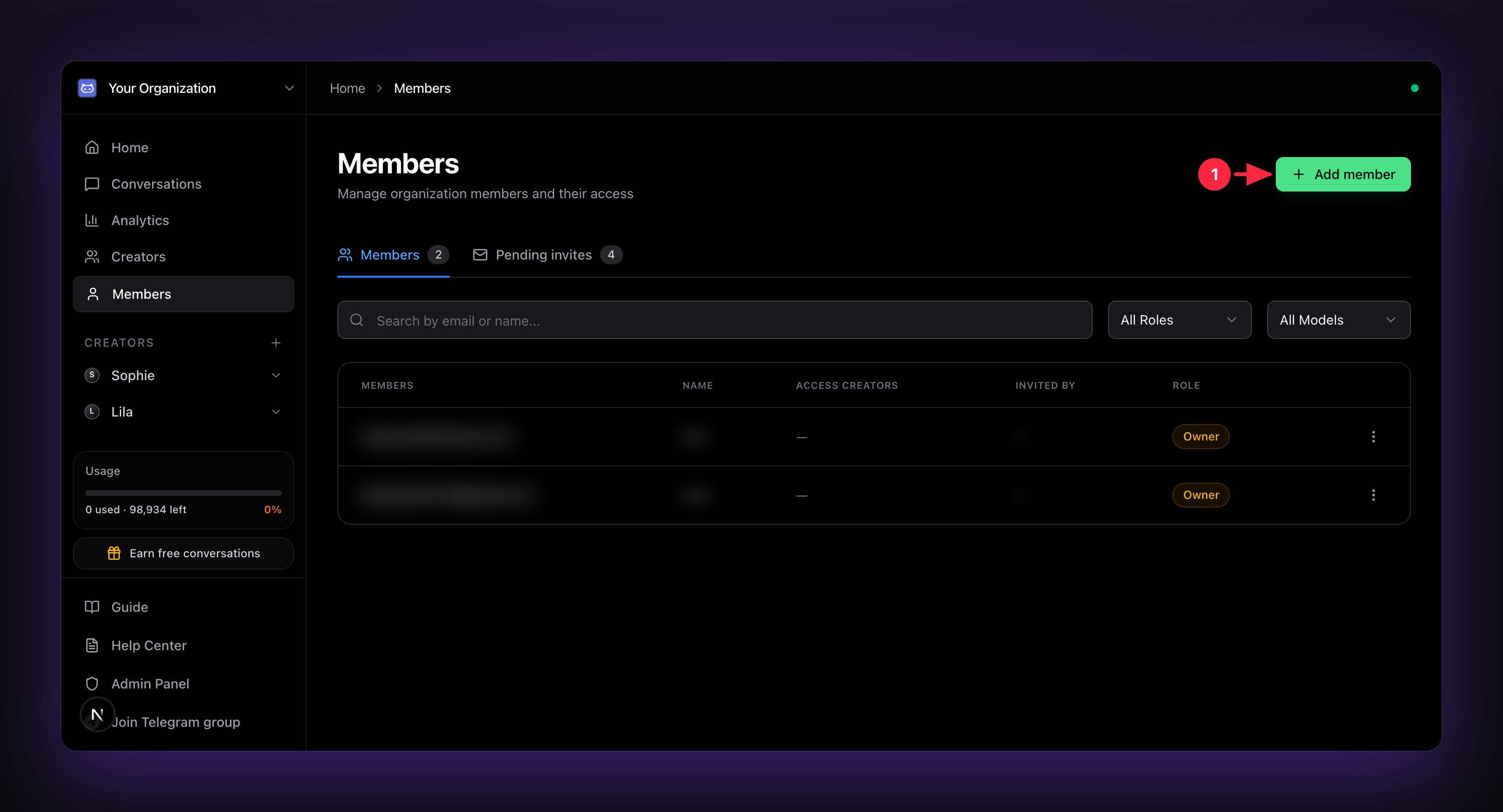 The Members page; click Add member to invite a teammate by email