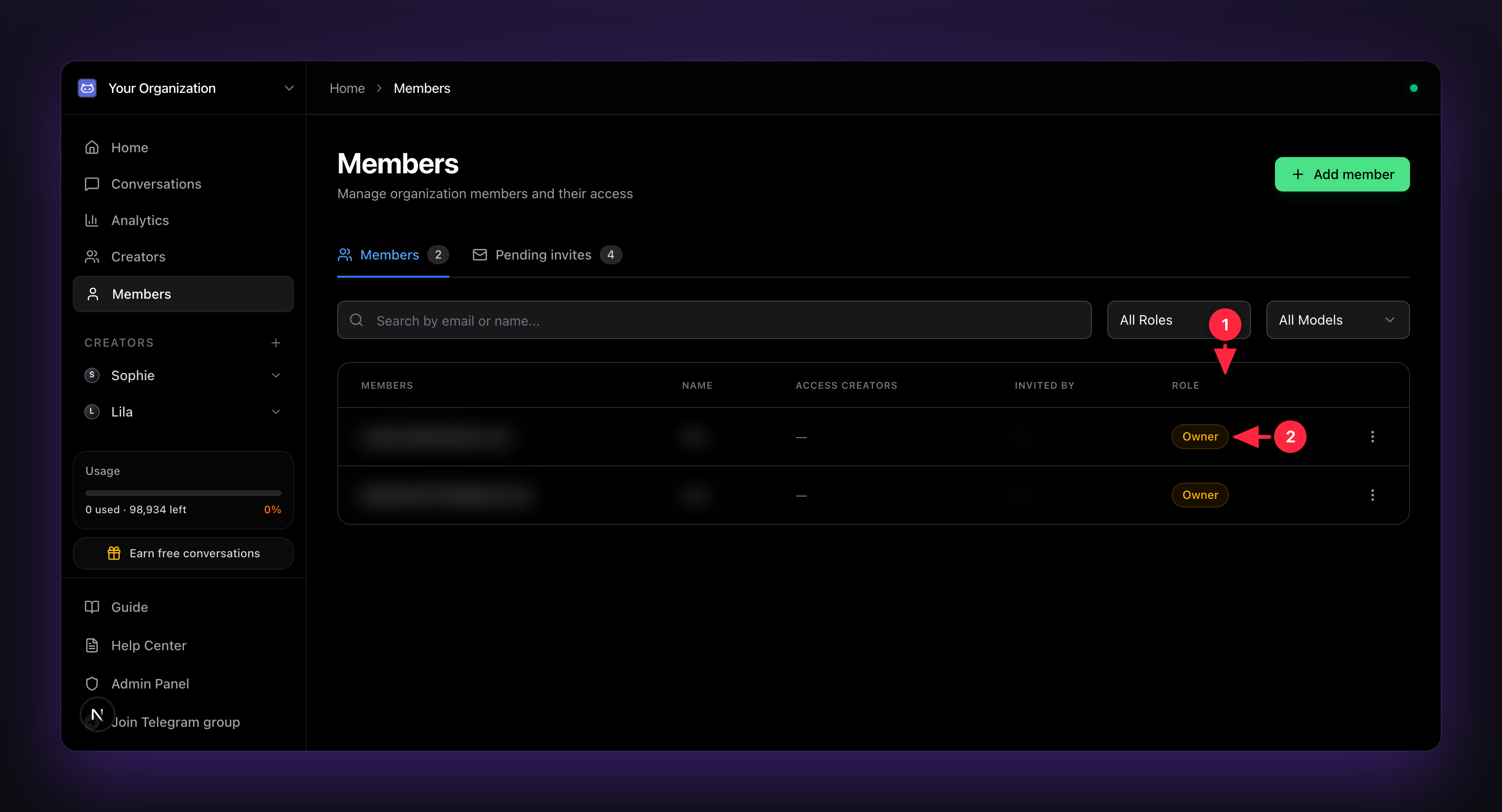 Each member's role shows in the Role column: Owner, Admin, or Staff