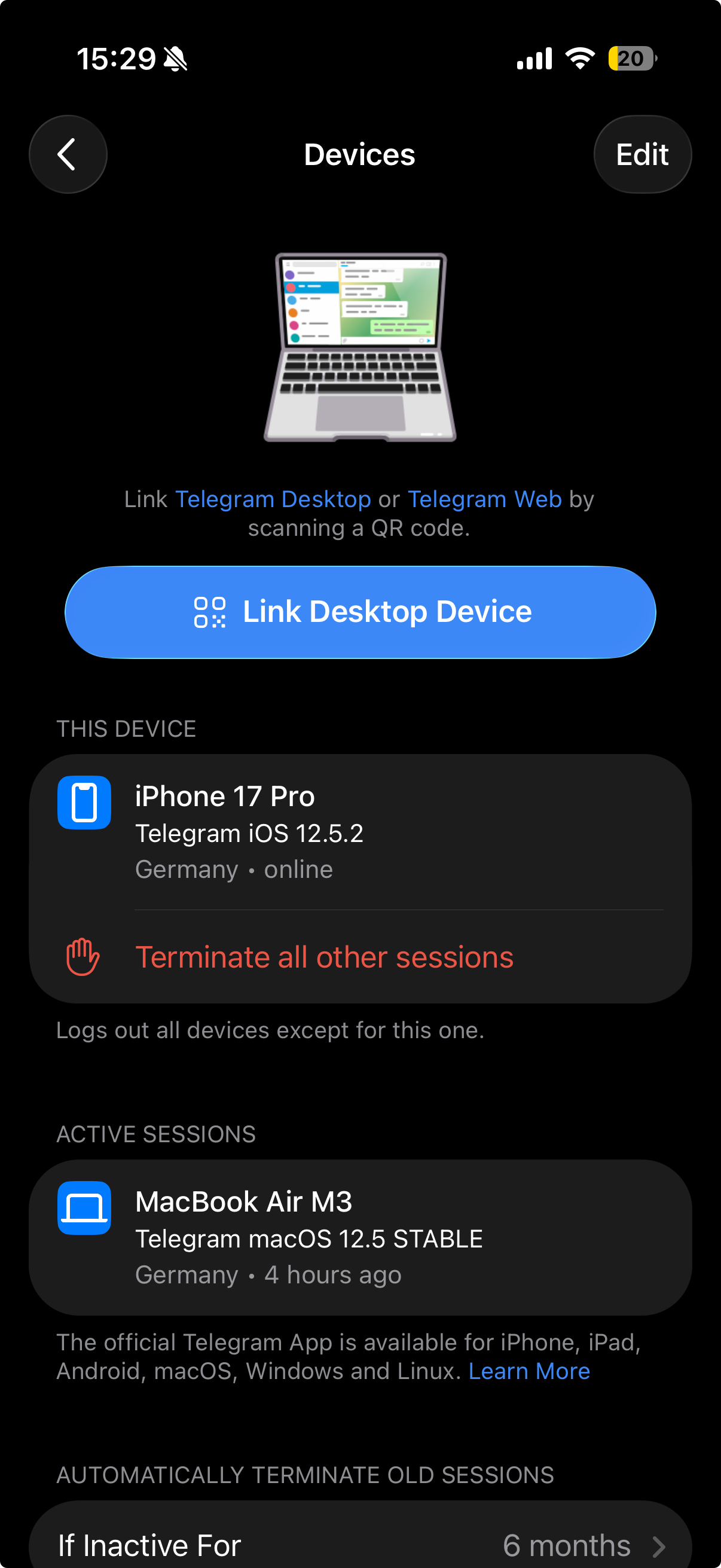 Telegram connection on iPhone